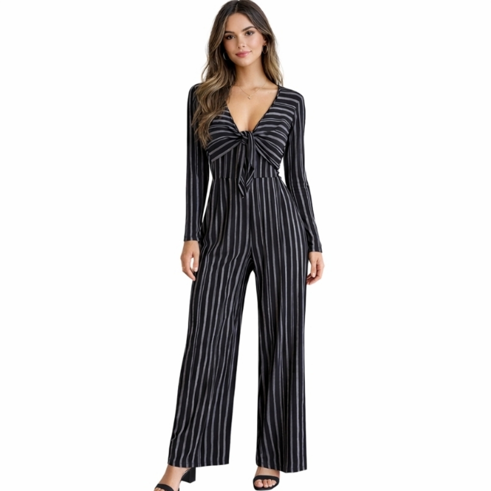 Derek Heart | Black & Grey Striped Wide-Leg Jumpsuit with Tie-Front V-Neck